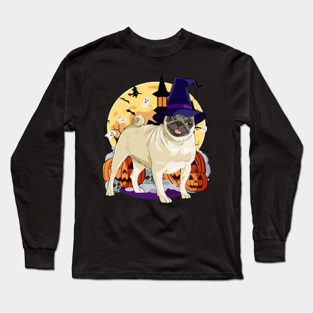 Pug Witch Pumpkin Happy Halloween Long Sleeve T-Shirt by Noseking